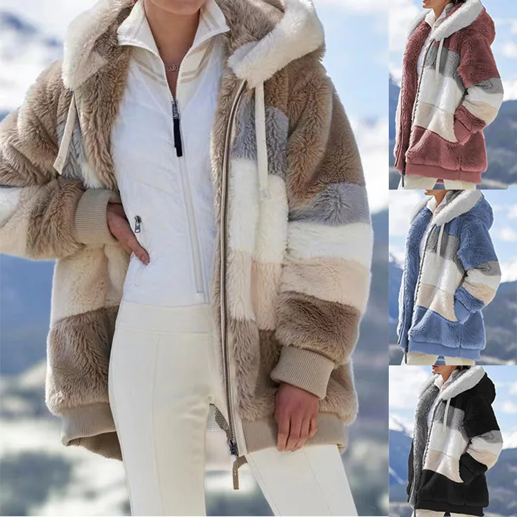 2024 new autumn and winter warm plush patchwork zipper pocket hooded loose jacket for women