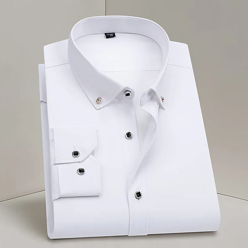 

Men's Business Dress Shirt Formal Fashion Thin Classic Basic Diamond Button Long Sleeve Social White Shirt Men Clothing