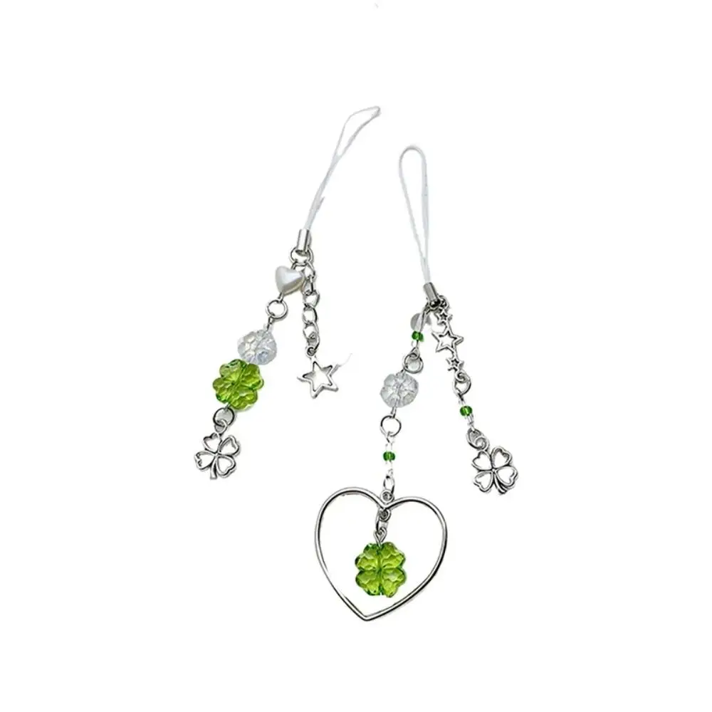 

Jewelry Accessories Summer Lucky Grass Phone Charms Refreshing Green Four-leaf Clover Beaded Keychain Clover Flower Girls