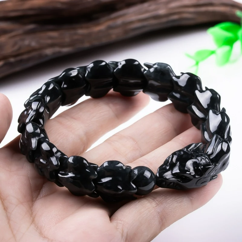 Natural High-end Black Jadeite Exquisitely Carved Dragon Bone Jade Bracelet Fashionable Men and Women Couples Amulet Gift