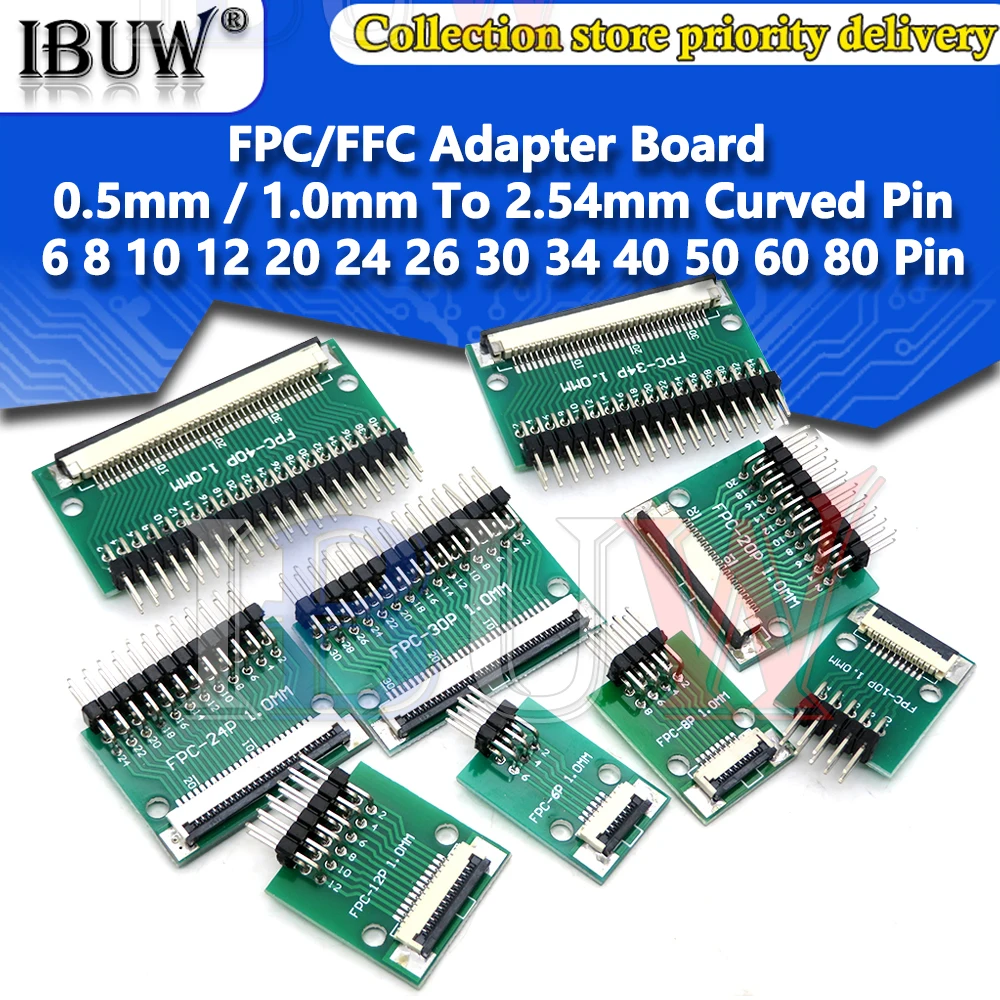 FPC FFC Adapter Board 0.5mm 1.0mm To 2.54mm Connector Straight Needle And Curved Pin 6 8 10 12 20 24 26 30 34 40 50 60 80 Pin