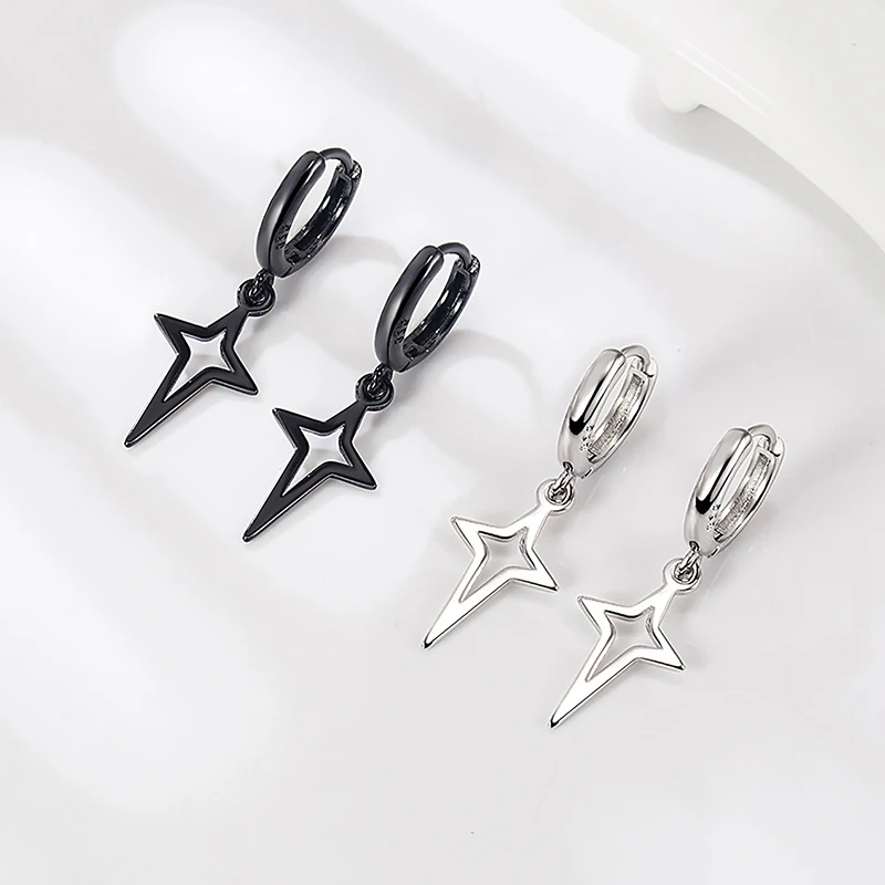 1Pair Gothic Punk Style Alloy Stars Cross Drop Earrings Black/Silver Color Simple Fashion Ear Stud For Women Men Rock Jewelry