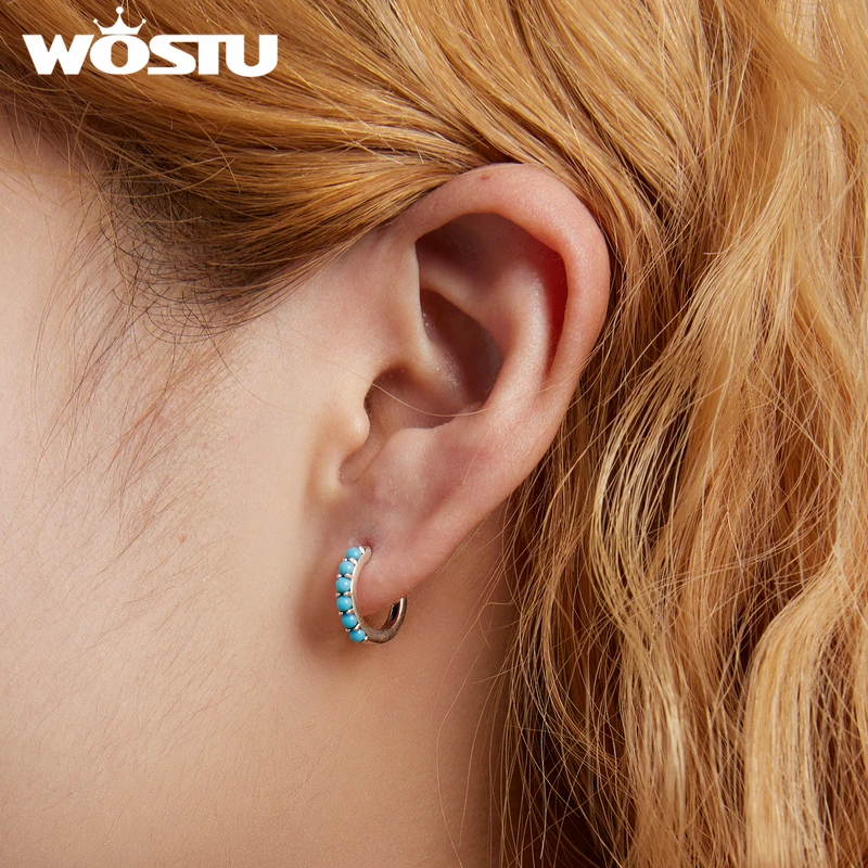 WOSTU European Vintage Natural Turquoise Hoop Earrings Solid 925 Sterling Silver Luxury Trendy Earring For Women Wedding Jewelry