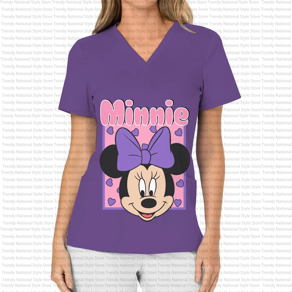 Disney Mickey en Minnie Mouse print V-hals zak matte top, medische dames verpleegster werkuniform, schoonheidssalon T-shirt