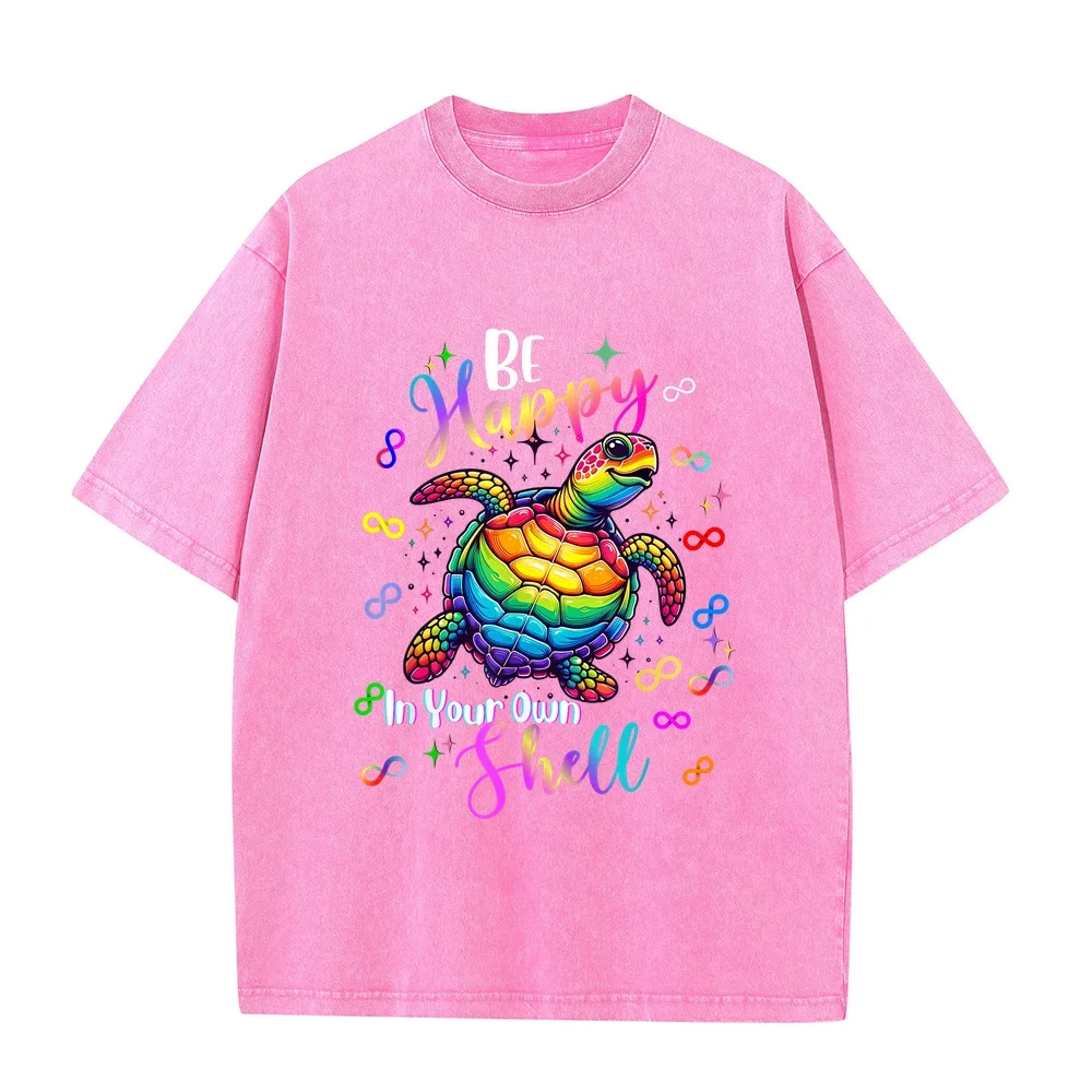 Rainbow Turtle Be Happy in Your Own Shell Autism Awareness T-Shirt Y2k Oversize Shirts For Men Canada Round Neck Full Cotton T