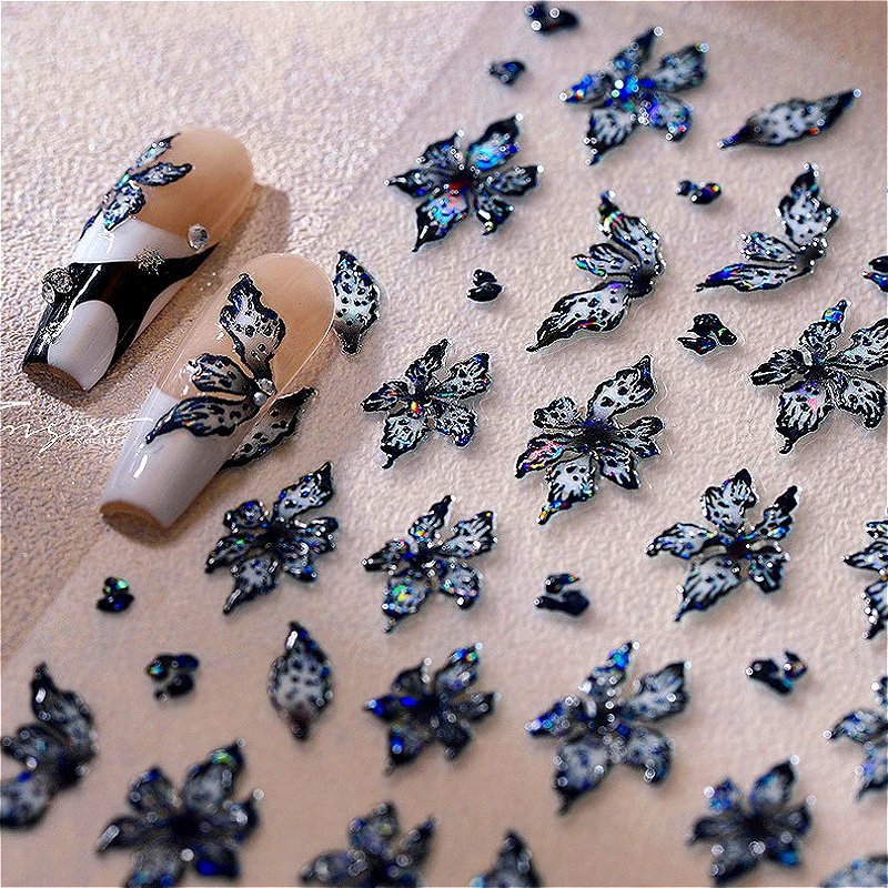 Charm Black Blue Gradient Lily Flower Peony Dressy Shiny Jelly Rose Daisy Camellia Petal Chinese Nail Art Sticker Manicure Decal