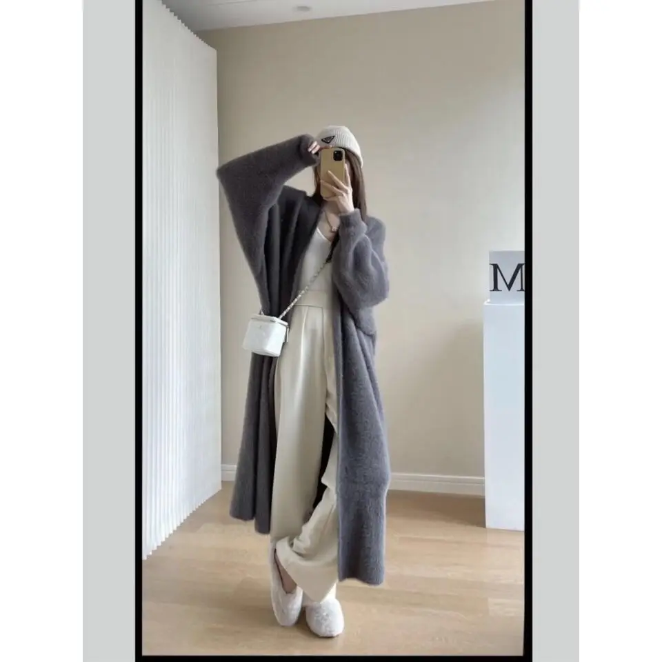 Fluffy Long Cardigan Women Elegant Long Sleeve Fur Loose Female Knit Sweater Coat 2023 Autumn Winter Street Maxi Lady Outwear