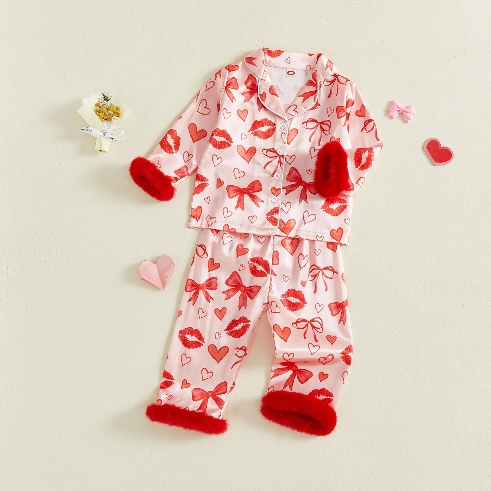 1-7Y طفل فتاة صغيرة عيد الحب منامة مجموعة طباعة الفراء تقليم زر أسفل التلبيب الخامس الرقبة طويلة الأكمام قميص بلايز السراويل Homewear