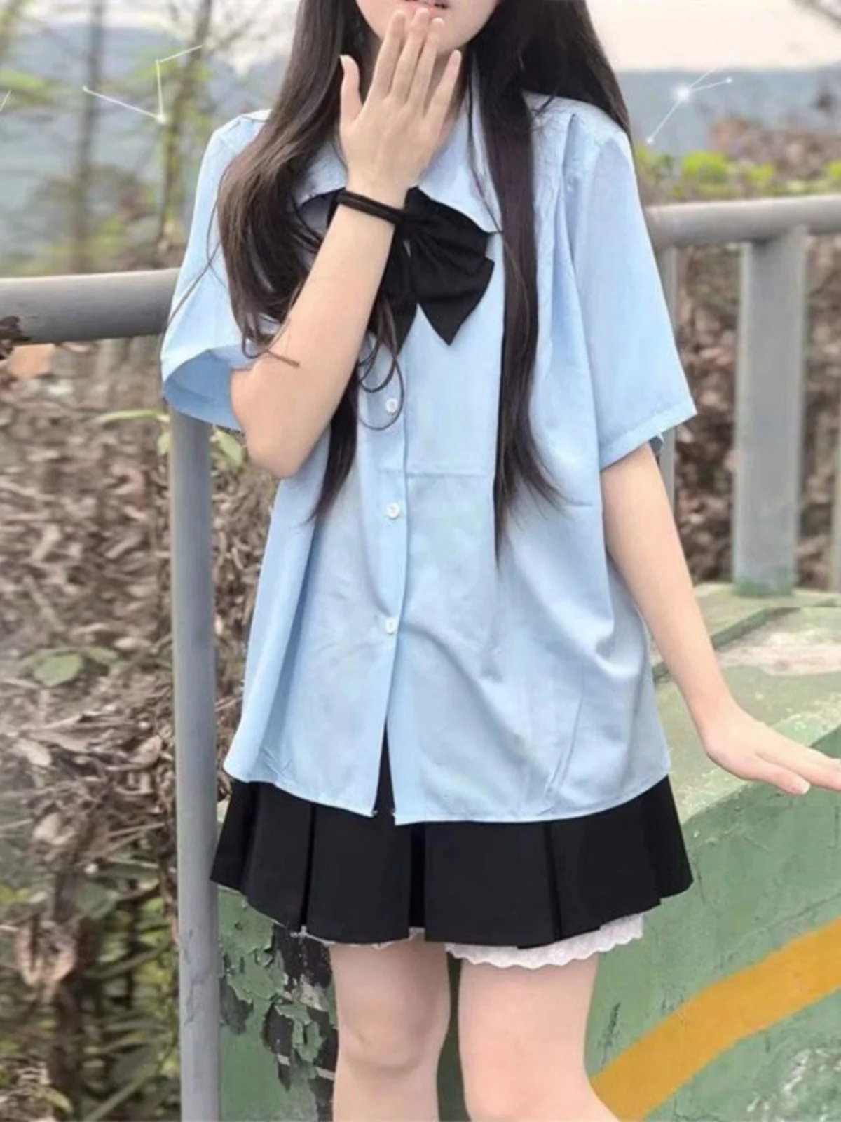 

Short Sleeve Doll Collar Shirt Sweet Girl Graduation Uniform Japanese School Uniform Thai Style Loose Fit Knot
