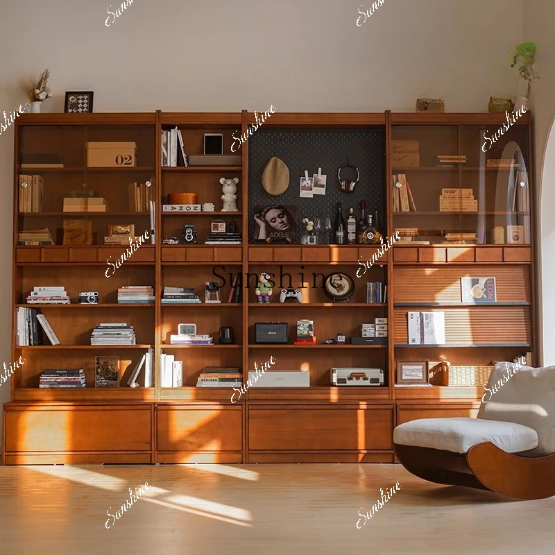 Solid wood card seat bookcase integrated, the whole wall is on the floor, the living room is with glass door storage display
