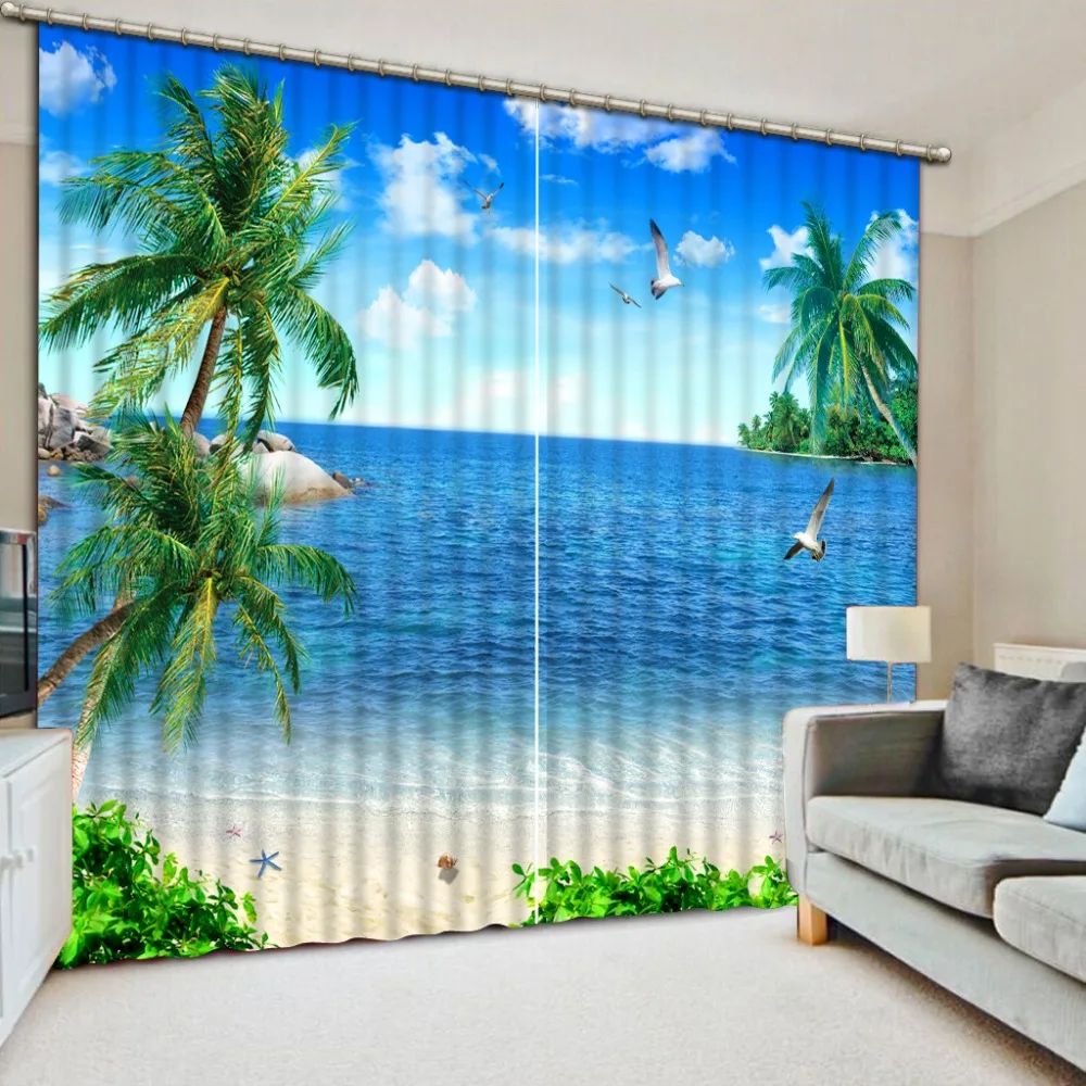 3d Curtains European Modern beach view custom curtain home ddecorative home decor 3d Blackout Shade Window Curtains