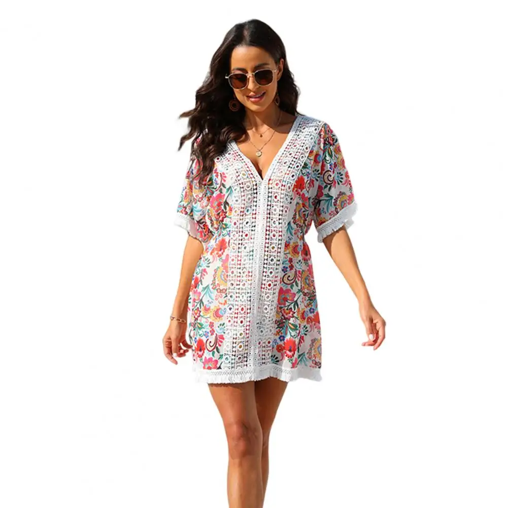 Beach Dress Cover-up Colorful Flower Print Lace Bat Sleeves Tassel Sun Protection Anti-uv Holiday Swimsuit Cover-up for Women V