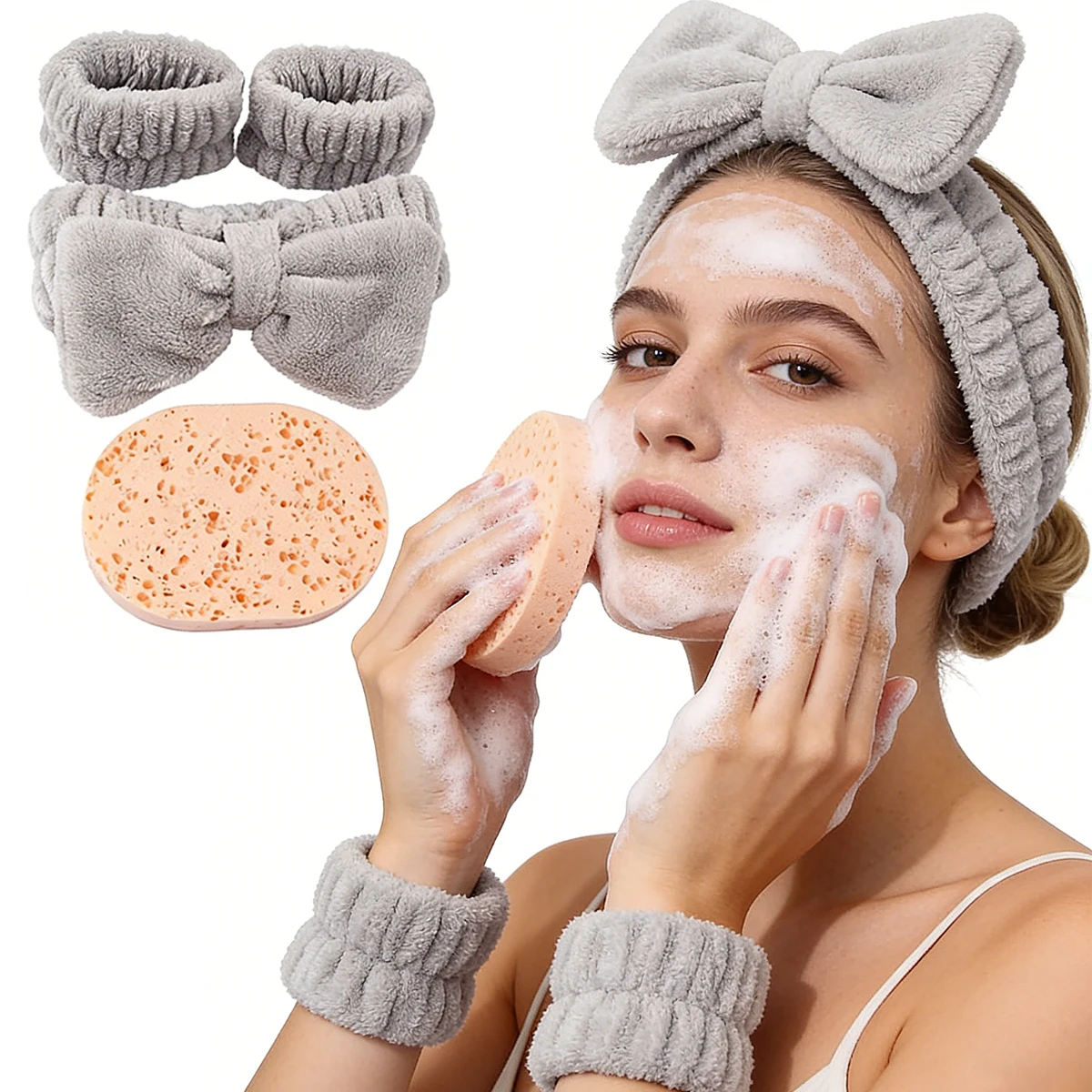 

4Pcs Spa Set, Bow Hairband & Wristband & Cleansing Puff, Soft Absorbent Non-Shedding Face Wash Tools for Skincare Makeup Remover