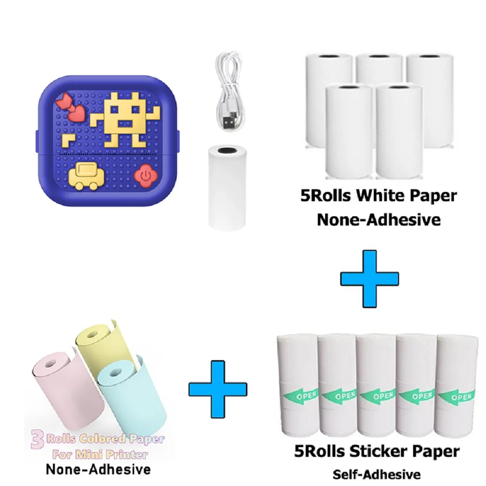 Mini Pocket Printer Mini Sticker Printer Portable for Printer with 13 Roll Papers for Notes, Photos, Stickers, Labels, Receipts