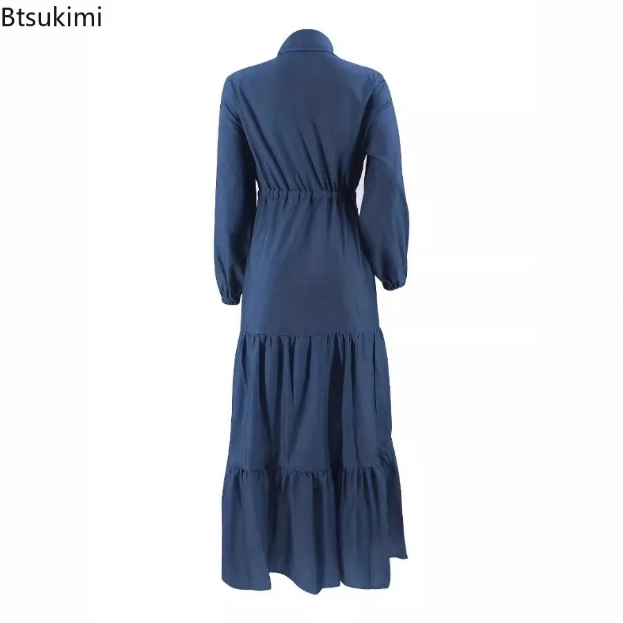 Lente Nieuwe Dames Elegante Denim Jurk Mode Patchwork Blauwe Lange Jurk Voor Vrouwen Moslim Abaya Vintage Streetstyle Dames Gewaad