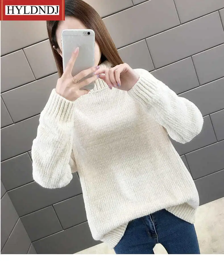 Women Autumn and Winter 2023 Fashion New Chenille Turtleneck Sweater Loose Solid Color Long-Sleeved Pullover Knit Top