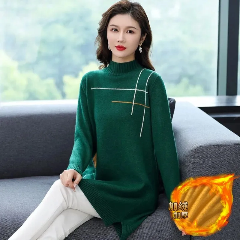 Fashion Sweater Skirt Female Long Coat Women 2025 Autumn Winter New Pullover Jacket Add Velvet Padded Knitwear Bottoming Shirt