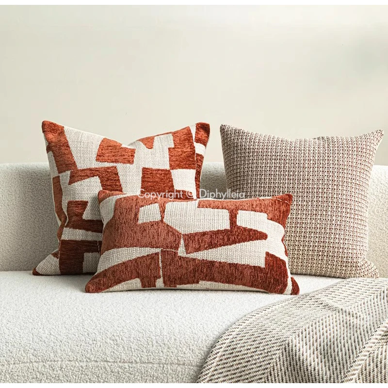 Diphylleia Terracotta Brown Boho Throw Pillow Cover Cut Chenille Jacquard Moroccan Maze Geometry Decorative Cushion Case 45x45cm