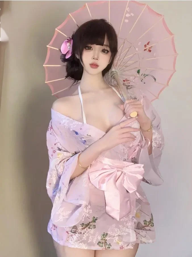 Kimono japonés Sakura para mujer, albornoz Sexy con lazo dulce, de talla grande Vestido de playa, ropa de moda elegante para niña, nuevo, PTGJ