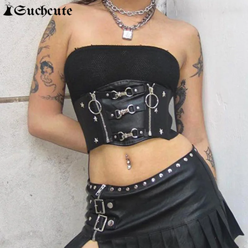 SUCHCUTE Gothic PU Leather Cummerbund Belt Black Wide Waistband Elastic Darkness High Waist Zipper Waist Belt Women Decorative