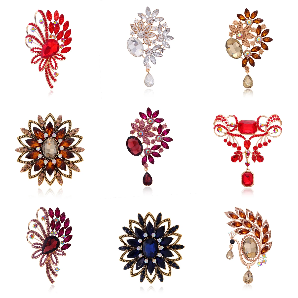 Cross border fashion exquisite alloy diamond inlaid pin accessories, multi-color rhinestone flower brooch