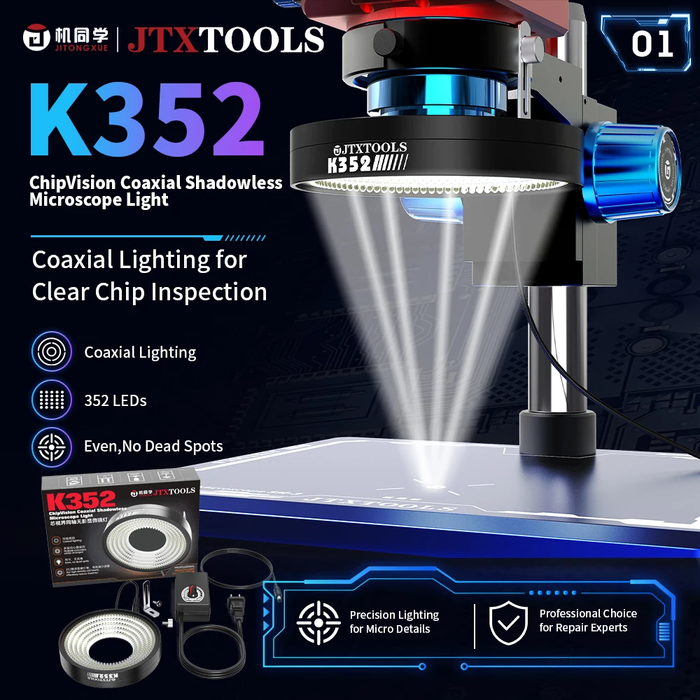 JTX K352 Coaxial Shadowless Microscope Ring Light For Phone CPU PCB Chip Precise Surface Trace Inspection Repair Lamp