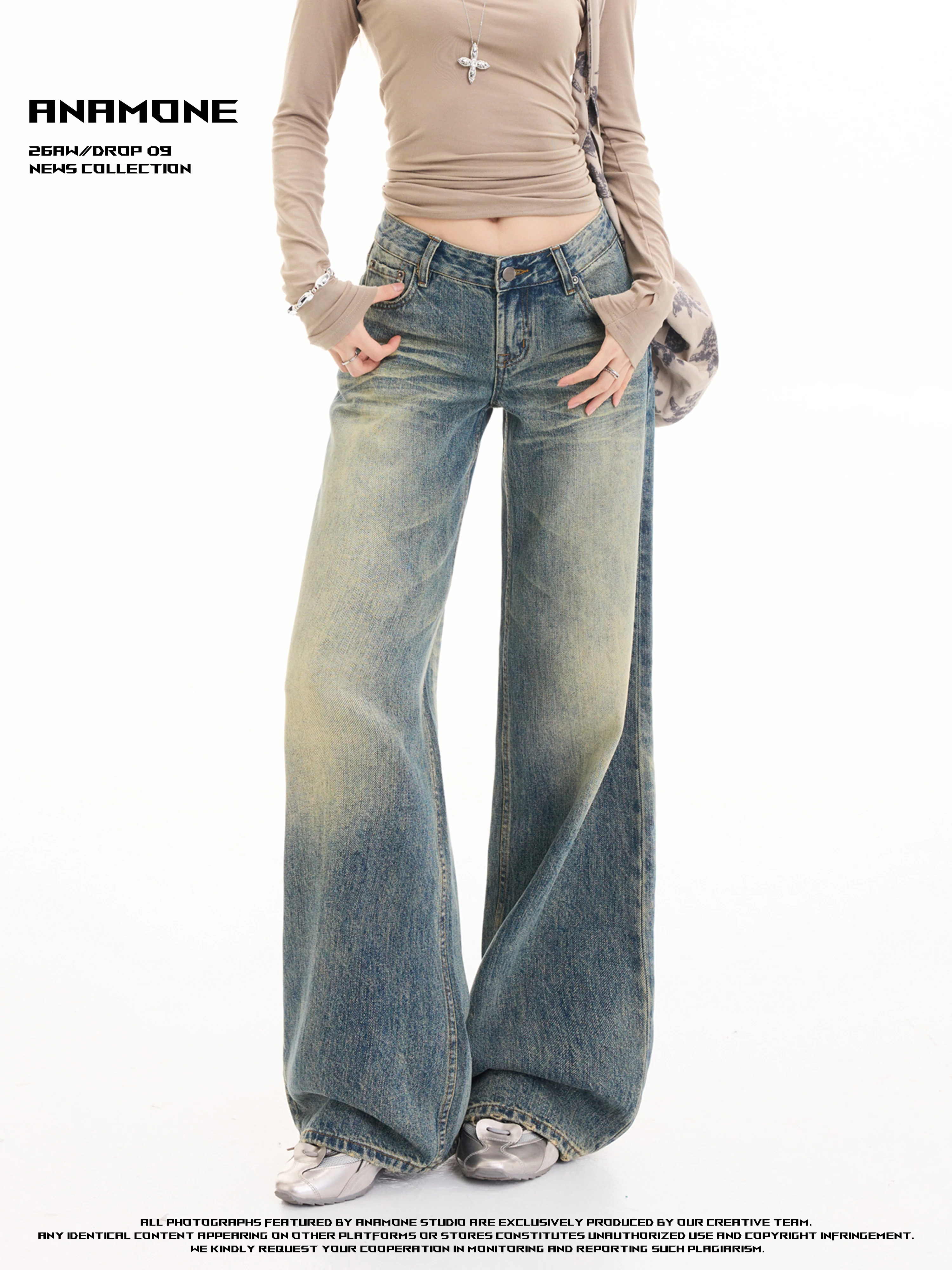 ANAMONE Cotton No-Elastic Bamboo Texture Straight Leg Denim Jeans Women's Classic Versatile Worn-In Look Autumn Season