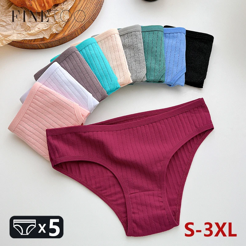 FINETOO 5PCS/SET Cotton Ribbed Striped Underwear for Women Plus Size 10 Soild Colours Stretch Briefs Ladies Soft Lingerie S-3XL