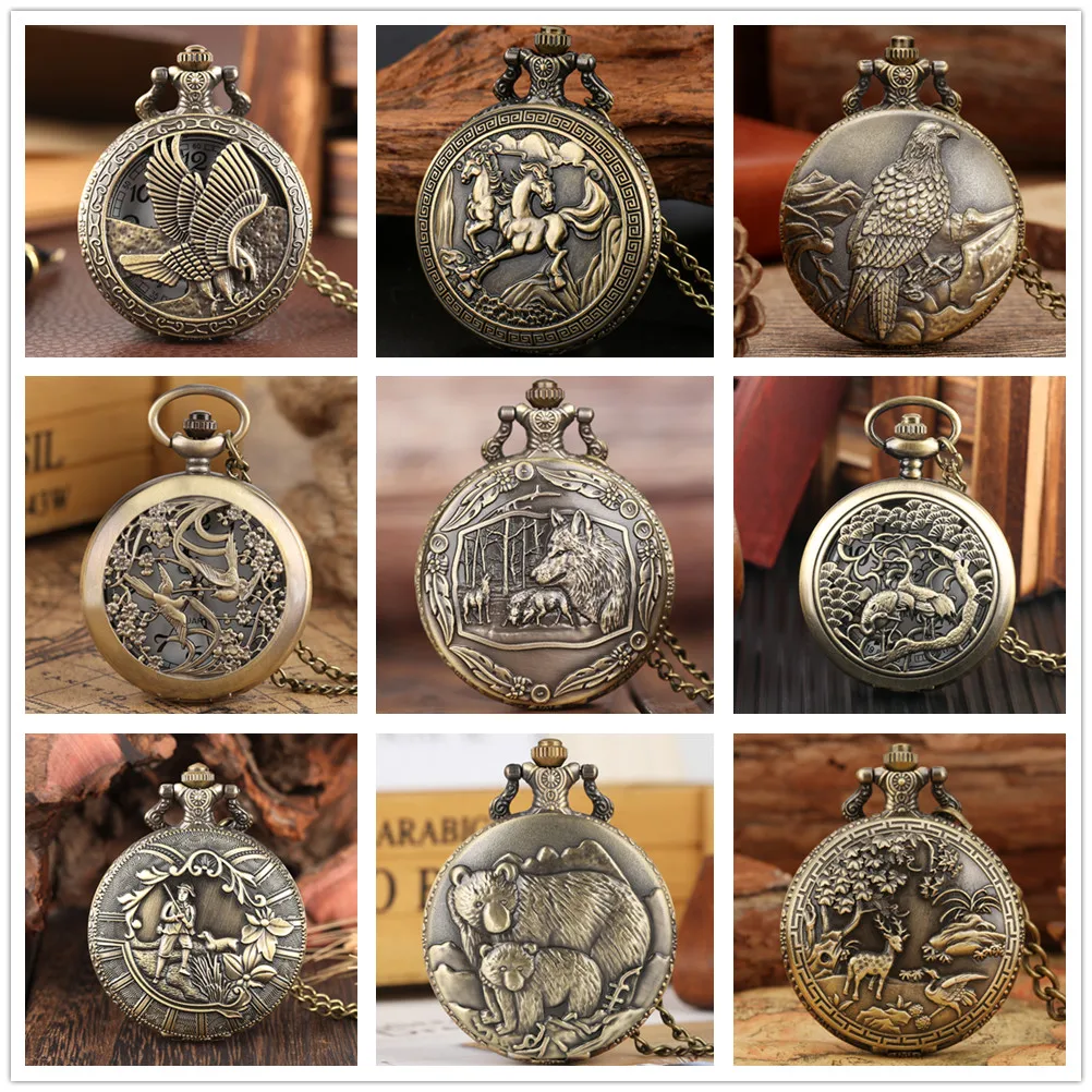 Vintage brązowy naszyjnik z dzikim wzorem zwierzęcym zegarki wilk/orzeł/jeleń/niedźwiedź/konik/ptaki Retro elegancki kwarcowy zegar kieszonkowy