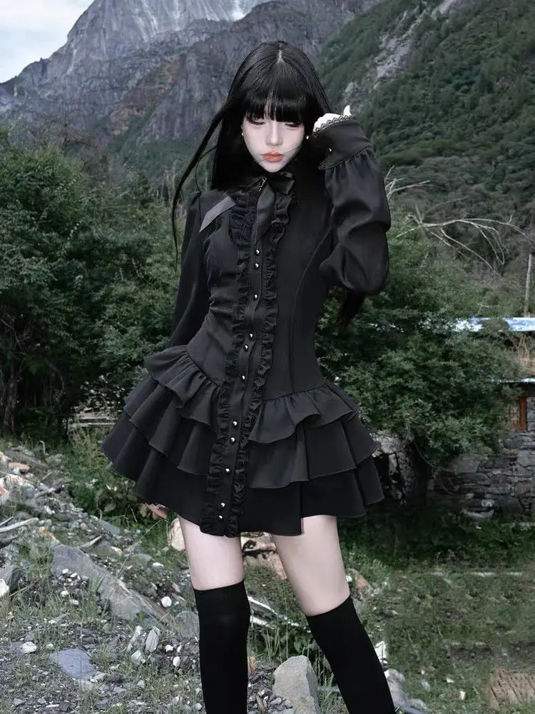 Gothic Vintage Lace Y2k Mini Dress Women Design Streetwear Black Lolita Slim Dress Long Sleeve Elegant Dress Spicy Girls