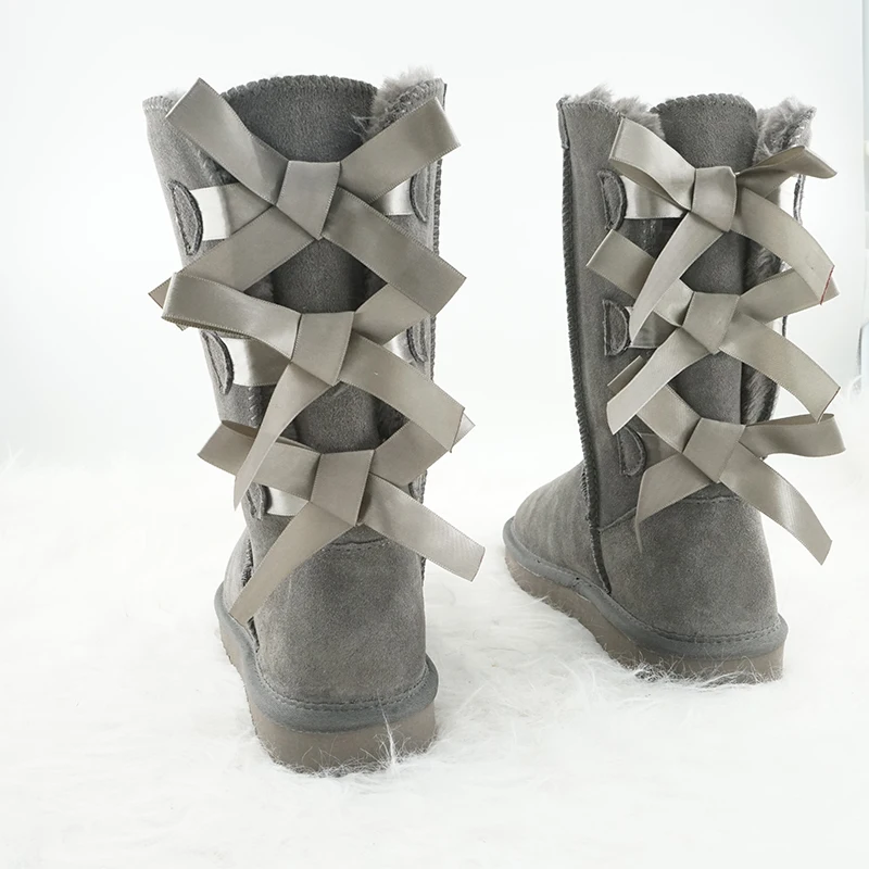 New Arrival Winter Bow Tie Girl High Boots Genuine Leather Woman Snow Boots Thick Plush Boots Women\'s Shoes Warm Shoes