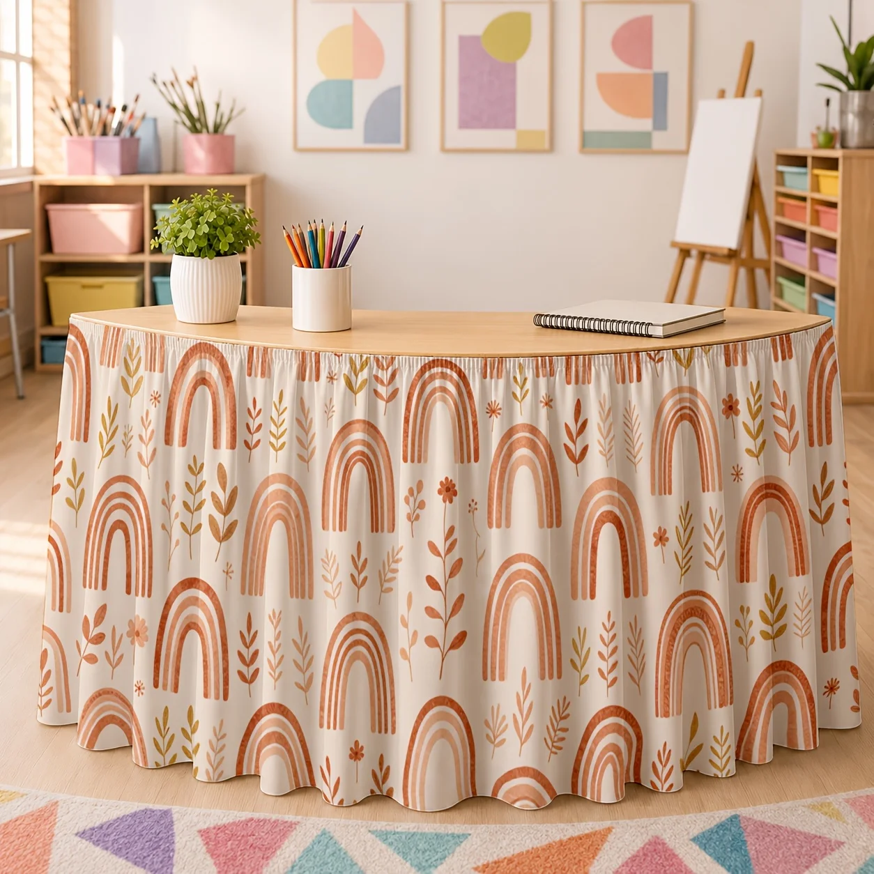 One tablecloth or table skirt with printed design made of polyester, in a bohemian style, in a warm earth tone.zyc