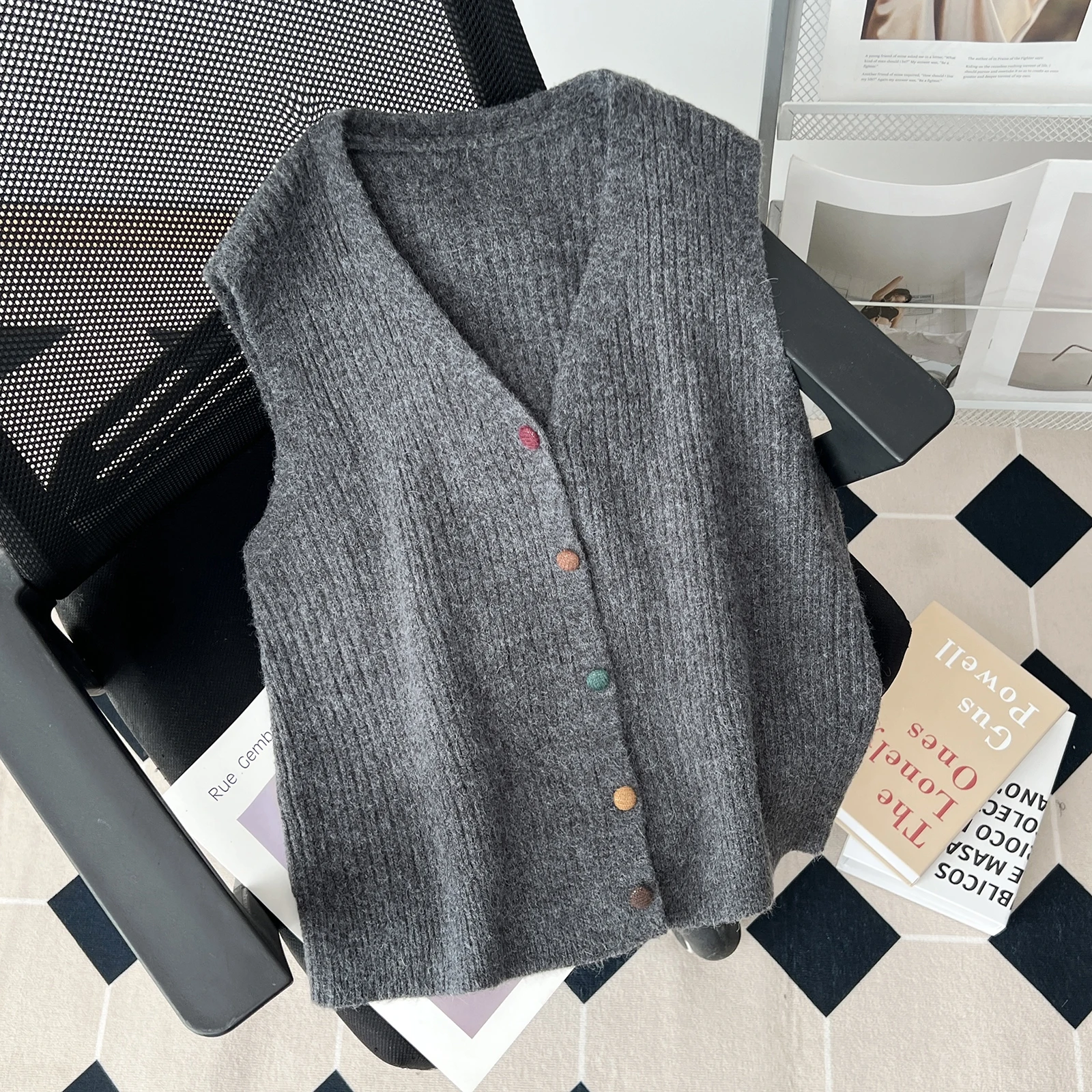 

Вязаный жилет-кардиган на пуговицах V-Ne, женская осенне-зимняя многослойная верхняя одежда, свитер, жилет...