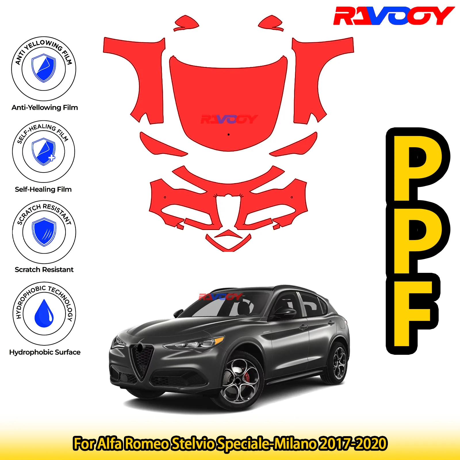 

For Alfa Romeo Stelvio Speciale-Milano 2017-2020 Glossy Matte Black Precut front PPF Kit Paint Protection Film