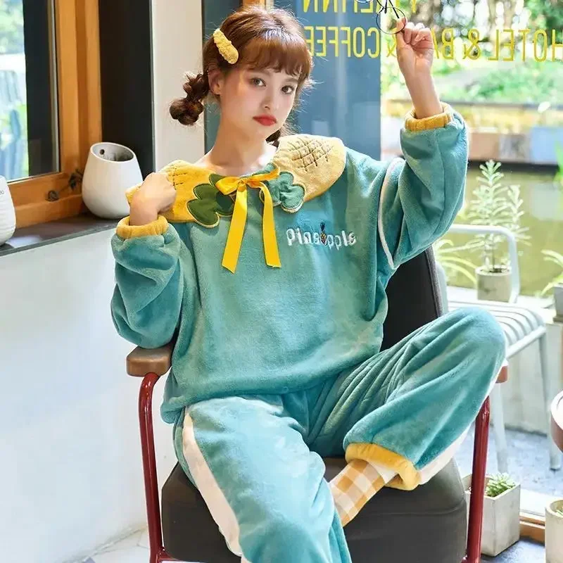 New Fashion Design Pajamas Set Women Coral Fleece Autumn Winter Sleepwear Velvet Pad Sweet Lovely Girls Home Service Suit