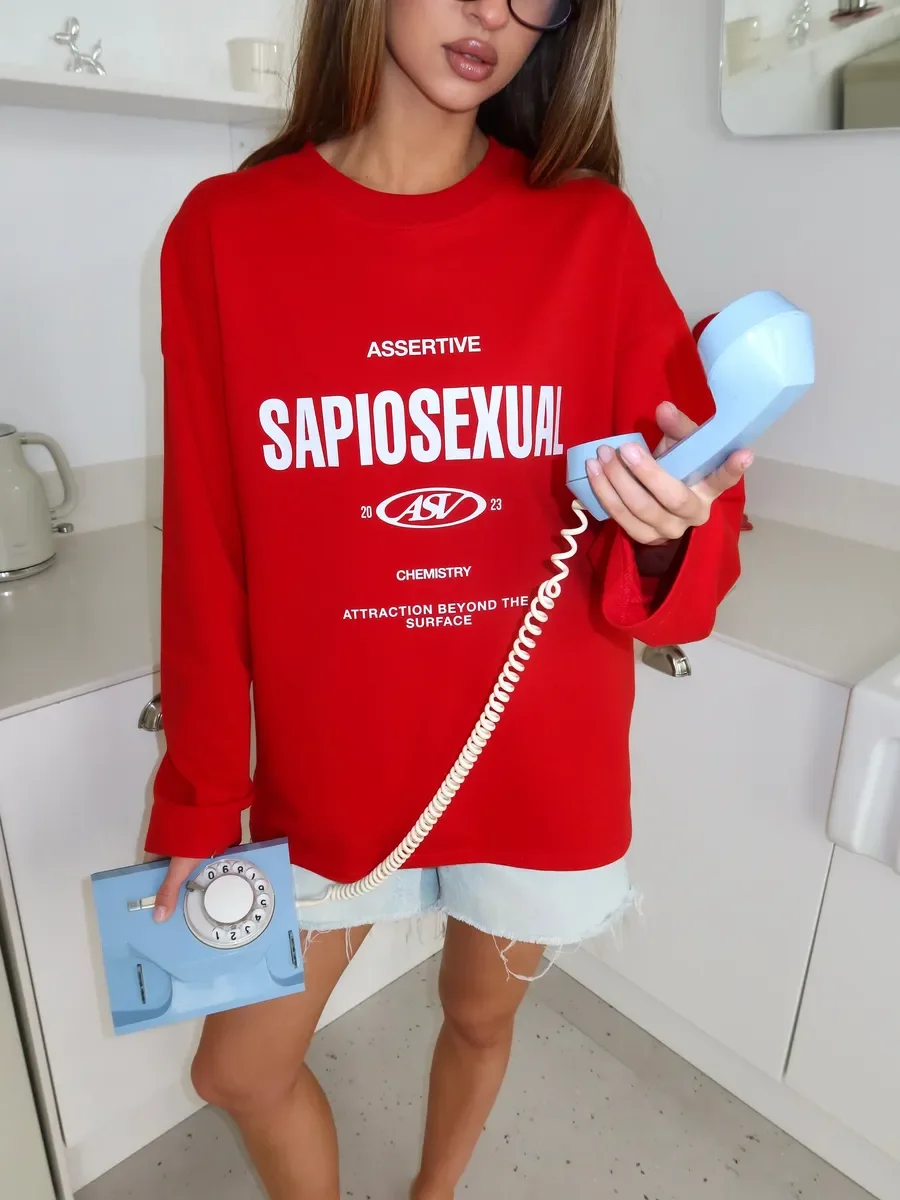 100% Cotton Women Red T‑Shirt Retro Text Letter Graphic Print Long Sleeve Loose Oversized Autumn Streetwear Ladies Top