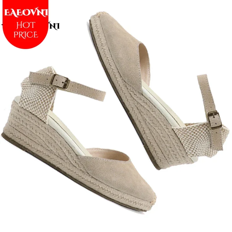 2024 Sandalias Mujer Wedges Genuine Open Solid Sandals Sapato Feminino Women\'s Elastic Espadrilles Wedge Flatform Casual Sandal