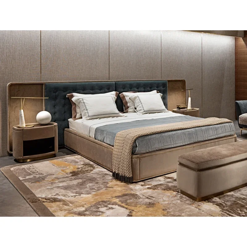Italian Luxury Modern Leather King Size Bed High-end Luxury Double Furniture, Solid Wood Frame King Bed Set