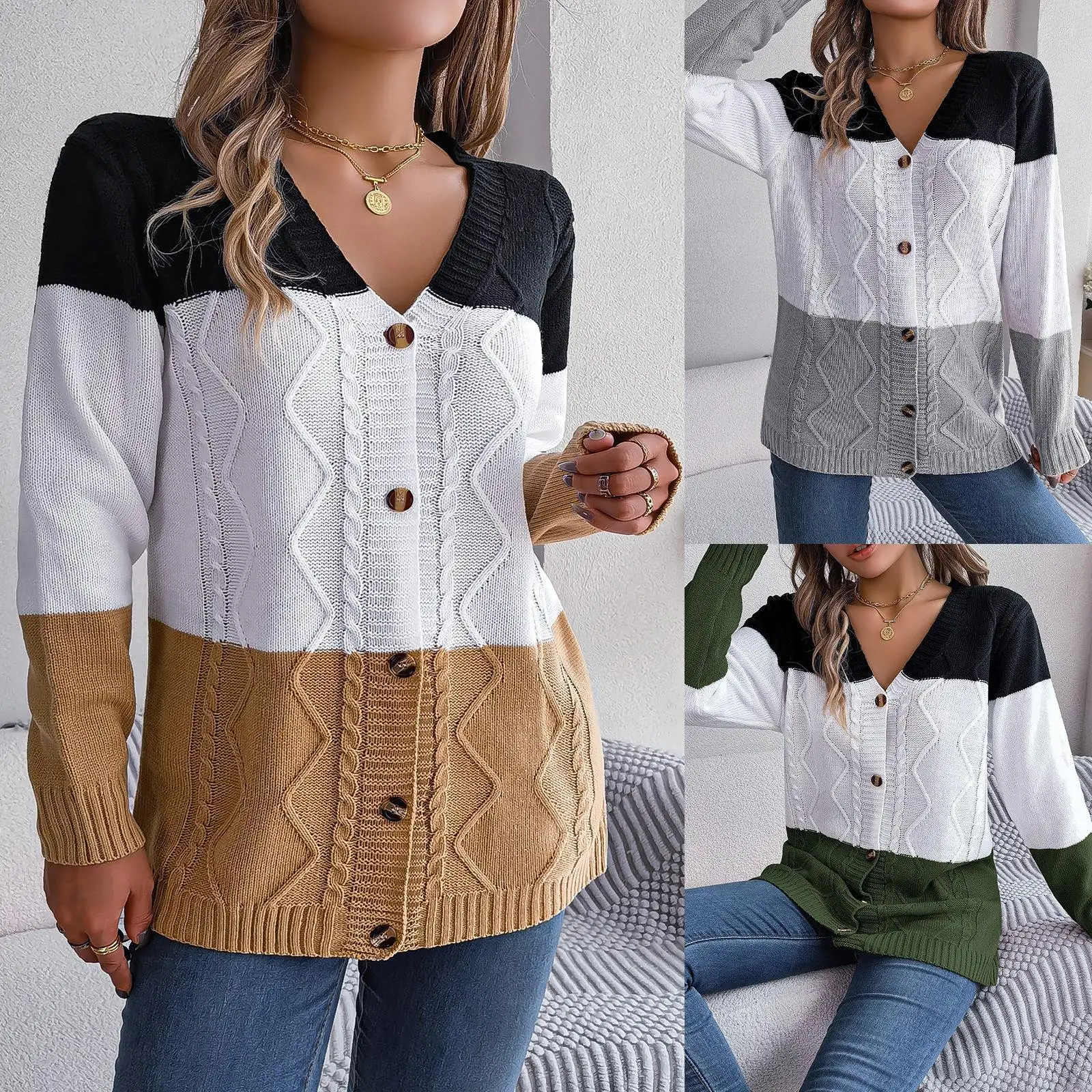 

Autumn Winter Casual Color Blo Button Long Sve Sweater Cardigan Outerwear Independent Station Cross Border Women's Faion