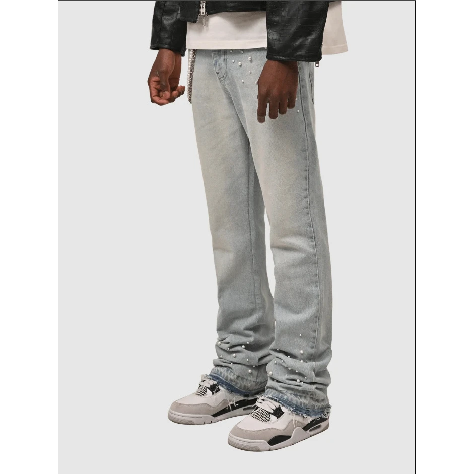 Men's Straight Leg Jeans Street Fashion Ins Popular Elastic Stackable Denim Low Waist Cotton Zipper Washed Spring Autumn Youth