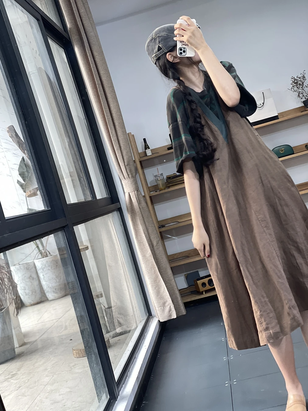 Vestido de Linho F com Bloco de Cores Vintage Decote em V ande Solto Sem Mangas Cintura Alta Estilo Casual Coreano d...