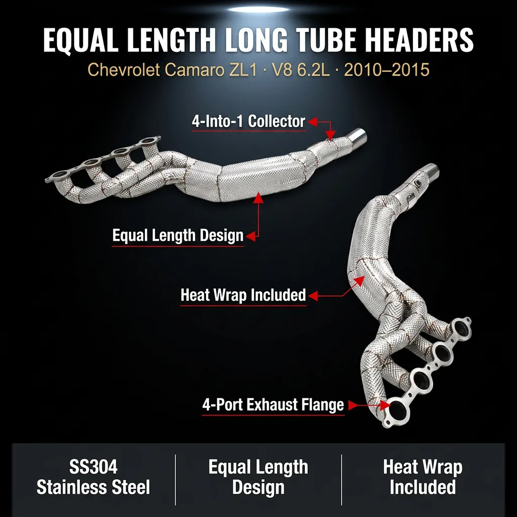 

Stainless Steel Equal Manifold Exhaust Pipe, Compatible with Chevrolet Camaro ZL1 V8 6.2L 2010-2015, Turbine Long Pipe