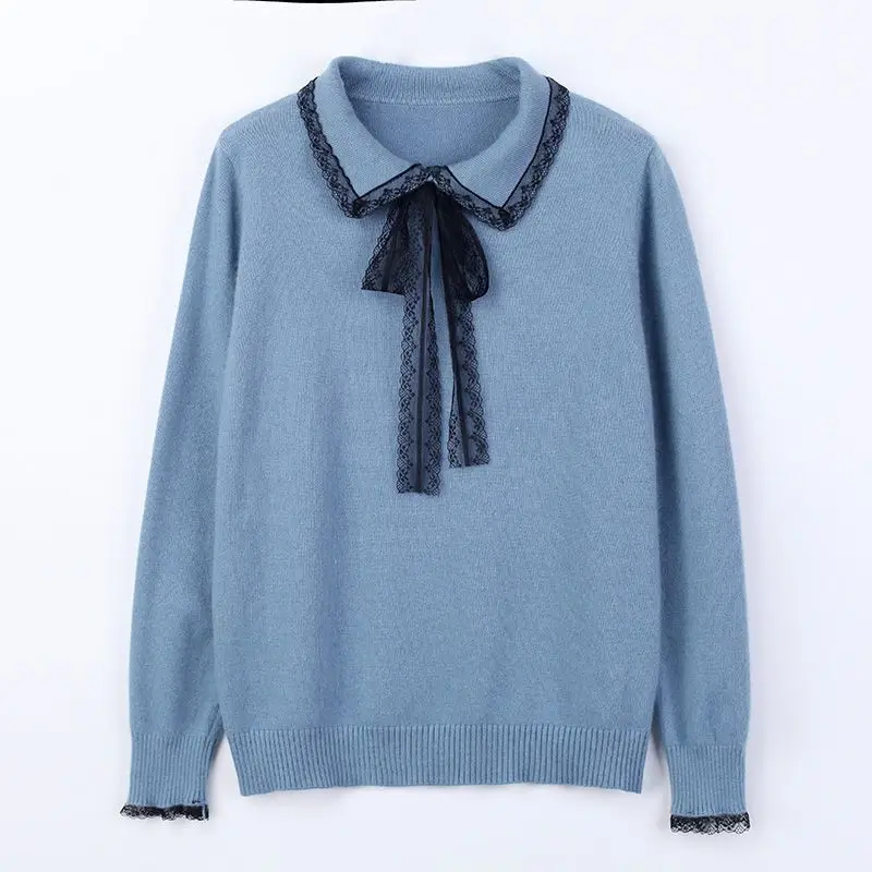 

Korean Lace Bow Splicing Collar Knitted Sweater Women Slim Jumper Ladies Fashion Long Sleeve Knitting Pullover Tops Female M195
