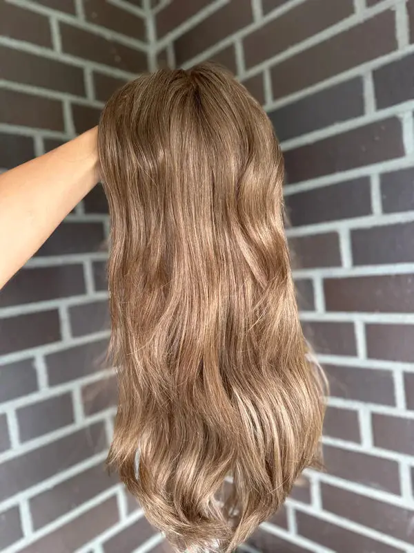 Realistic Look Highlight Chestnut Brown Lace Top Wigs Glueless Wigs Long Length Body Wave Synthetic Hair High Density Full Wigs