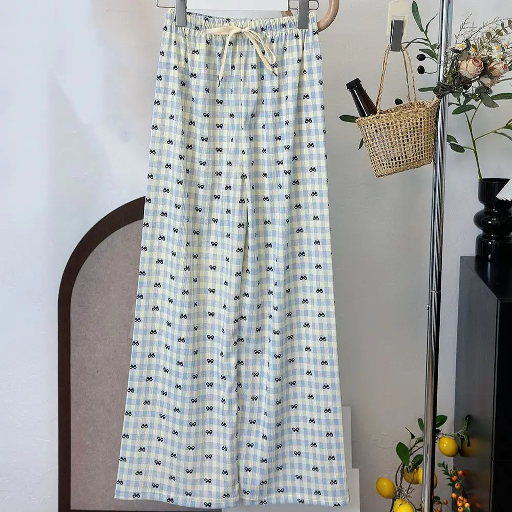 

Elastic Waist Stripe Plaid Bowknot Pajama Pants Sweet Bow Grid Long Pants Thin Indoor Outdoor Casual Trousers Spring Autumn