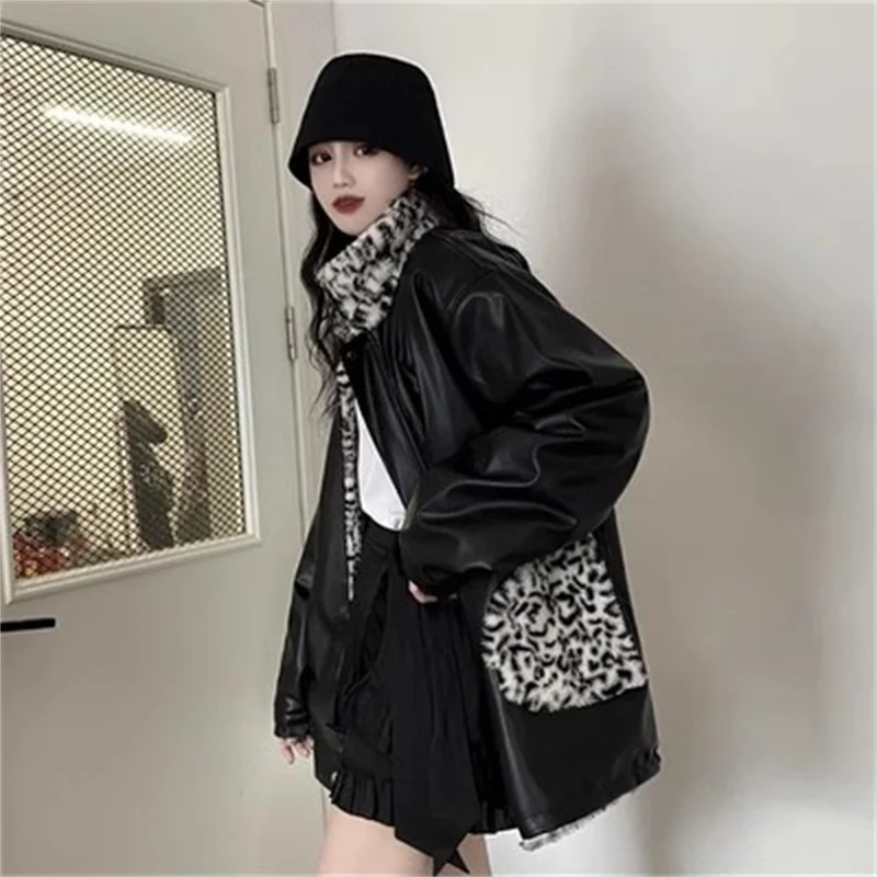 

Cotton Jacket for Women New Leopard Print Motorcycle Jacket For Autumn Winter 2023 Thick PU Leather Jacket Made of Lamb Velvet