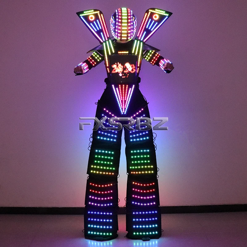 Full Color Smart Pixels LED Robot Suit Costume Light Up Stilts Walker Clothing Luminous Jacket Chest Display Helmet Laser Gloves