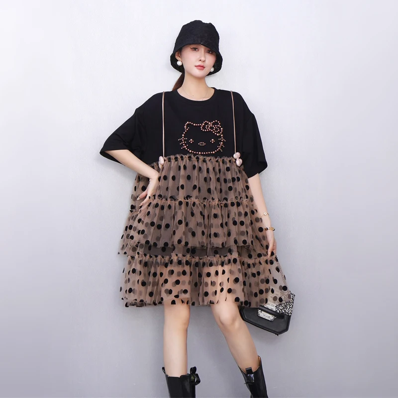 2025 Estate nuove donne eleganti T-shirt in rete abiti corti larghi abito da donna a maniche corte all'ingrosso J1194