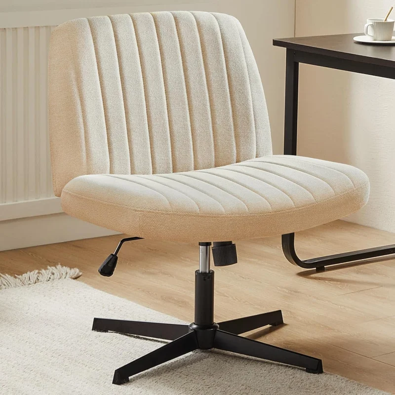 

Criss-armchair. Wide, legged desk chair. Vanity chair. Fabric, armless, swivel, adjustable, home office. Beige.