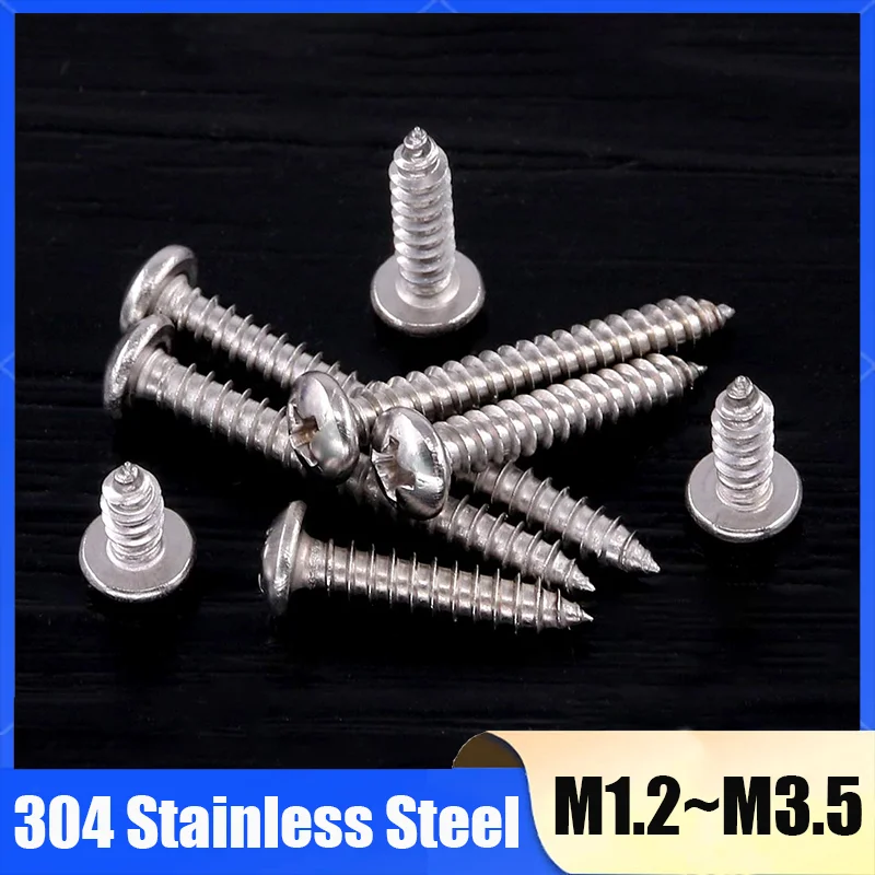 20-100Pcs 304 Stainless Steel Cross Recessed Round Head Self-Tapping Screw M1.2 M1.4 M1.7 M2 M2.2 M2.6 M3 M3.5